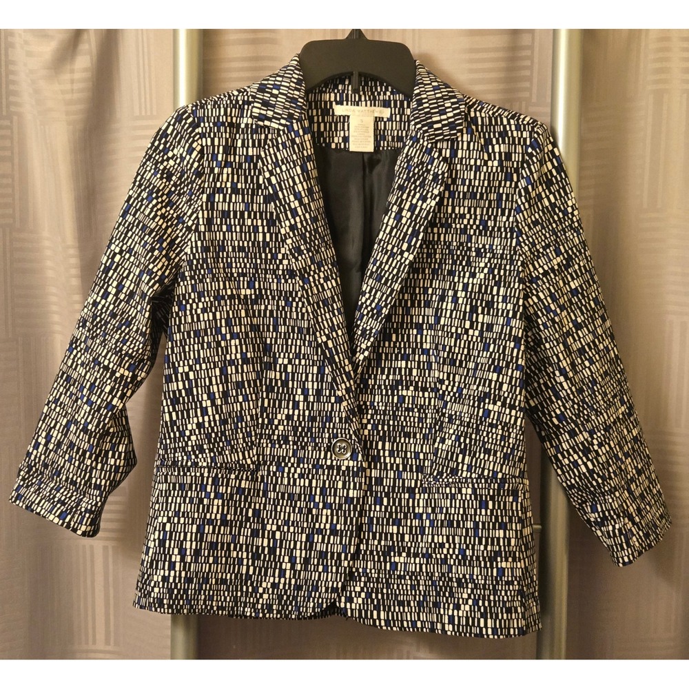 Linda Matthews Womens Blue Black White Geometric Grid 3/4 Sleeve Blazer Size S‎